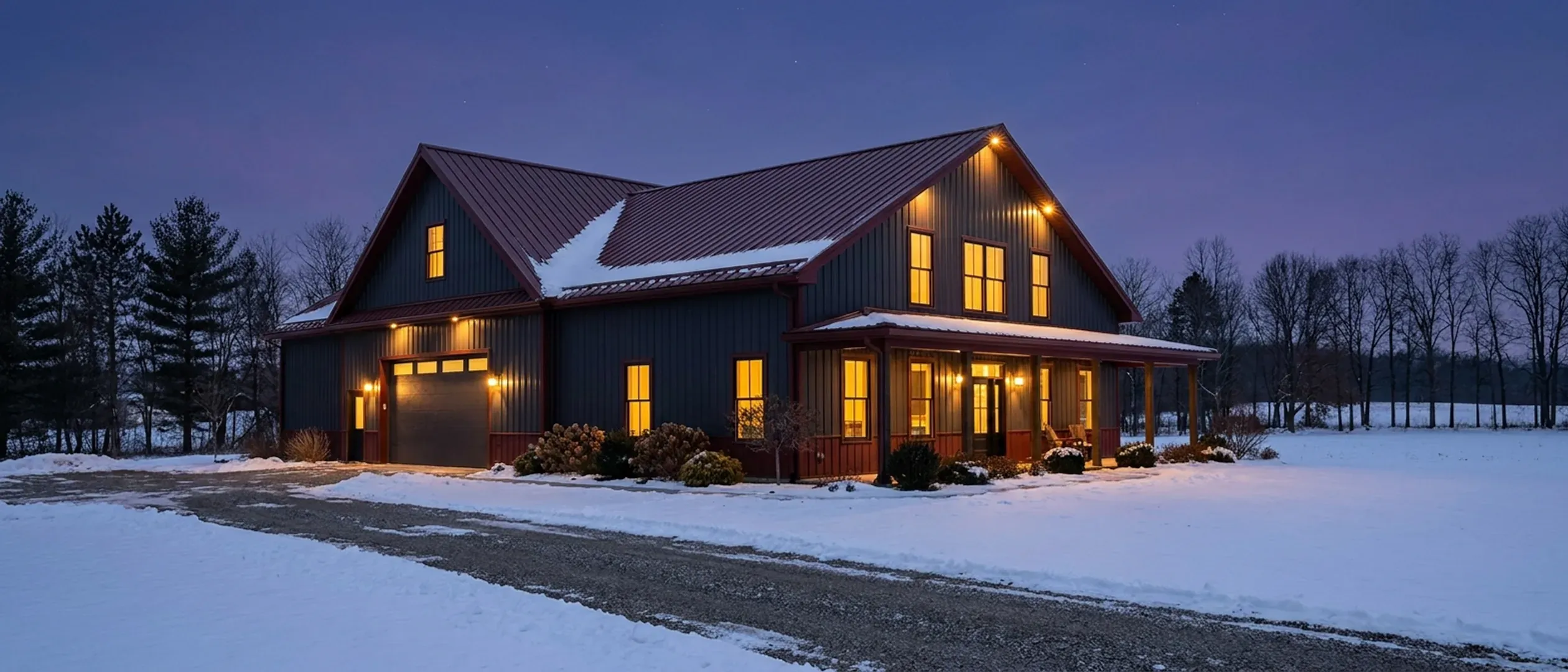 A barndominium at dusk in fresh snow, warm light glowing from every window and along the porch and roofline against a deep blue twilight sky.