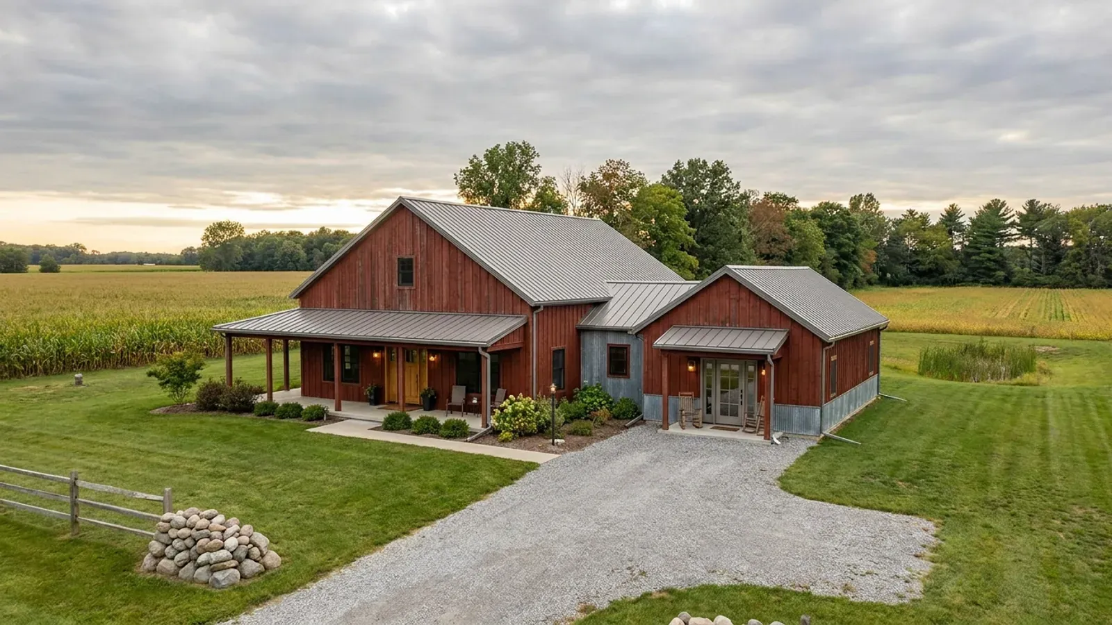 A barndominium with a smaller attached in-law suite wing that has its own separate covered entry, distinct from the main entry.