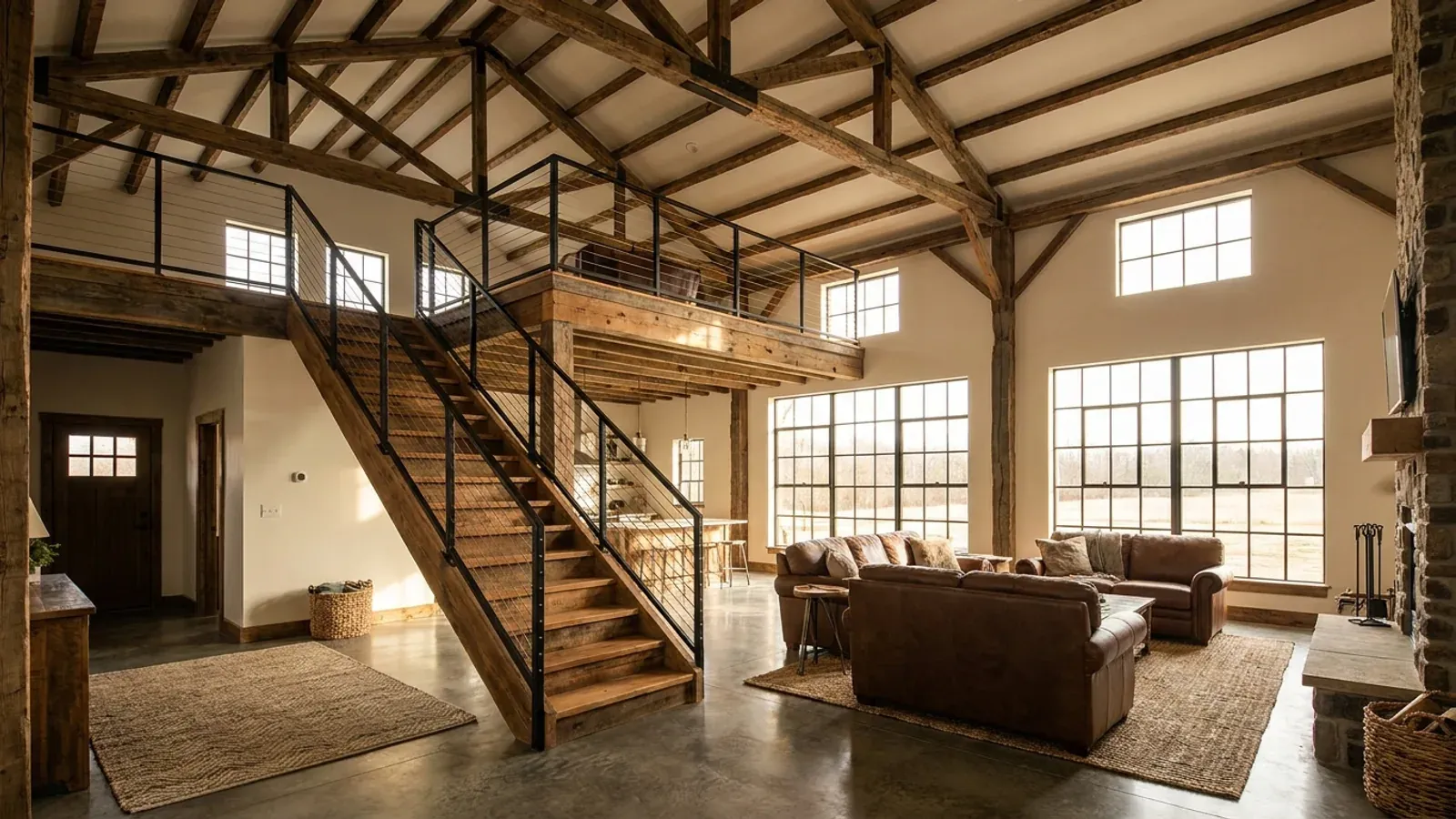 A barndominium great room with an open loft level and railing built over part of the room, reached by an open staircase.