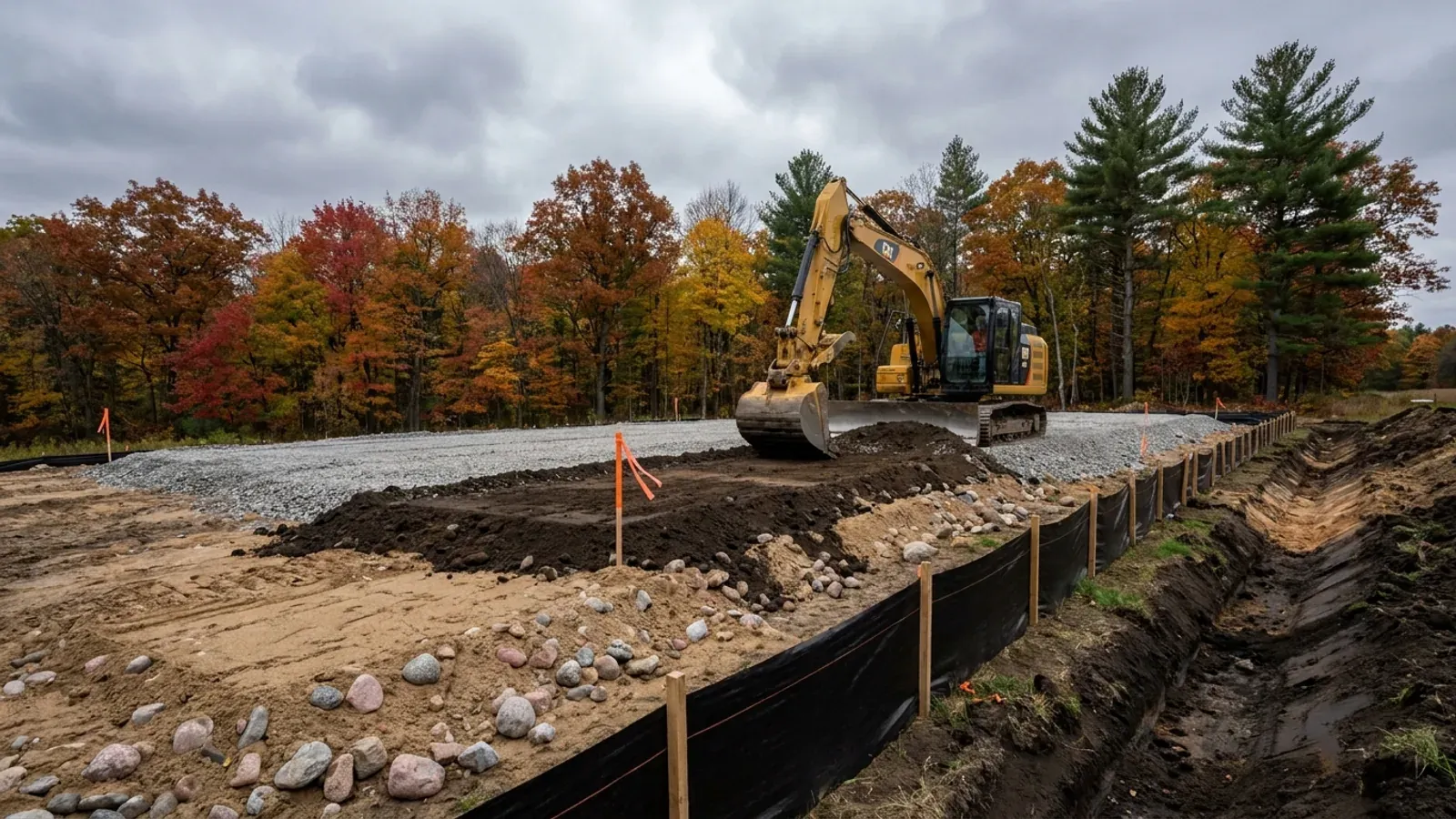 An excavator grading a crushed-stone building pad on a cleared lot, with silt fence, survey stakes and an autumn hardwood treeline behind.