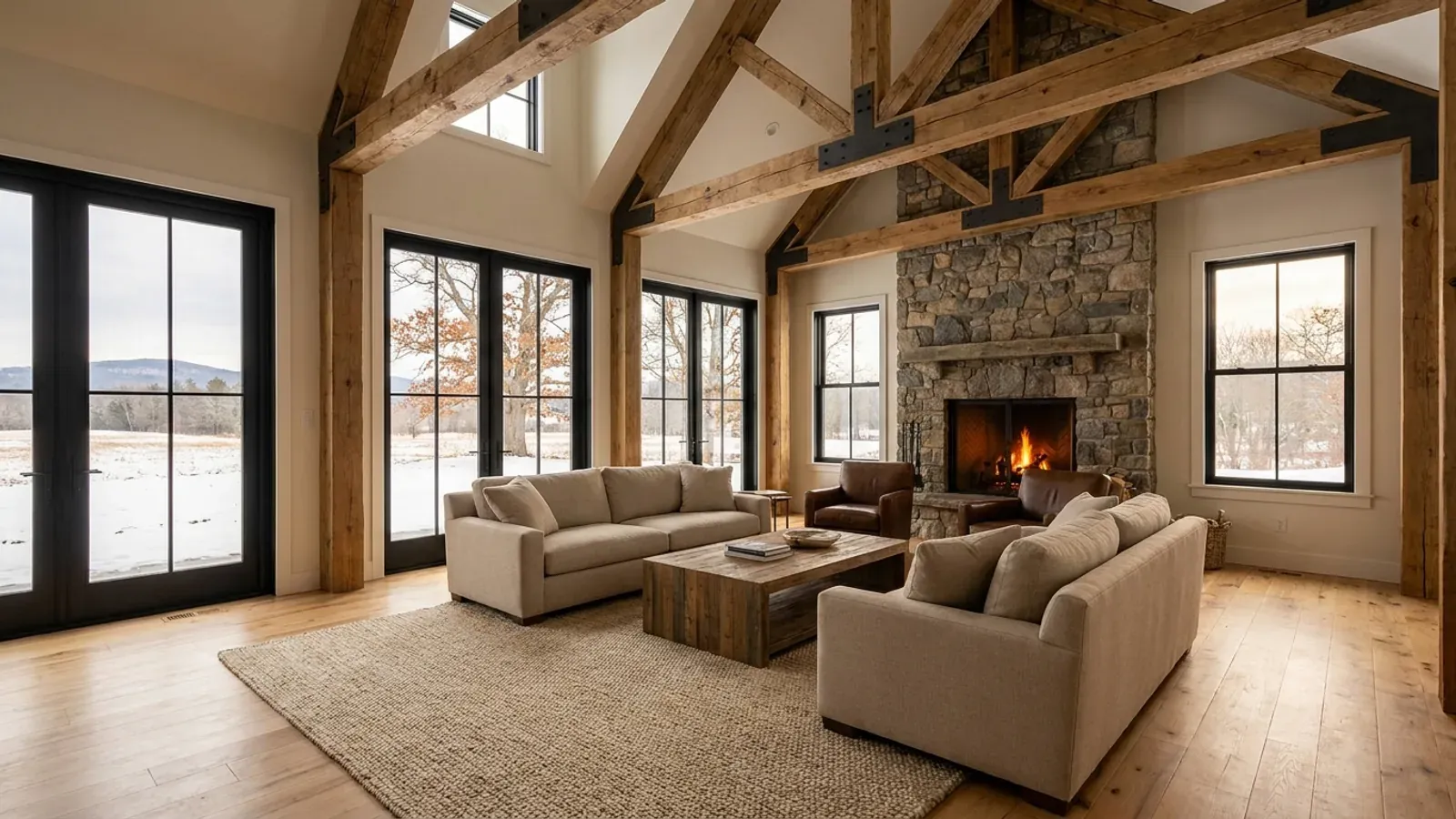 A vaulted barndominium great room with exposed wood trusses, a fieldstone fireplace and a wall of glass looking out on a snowy field.