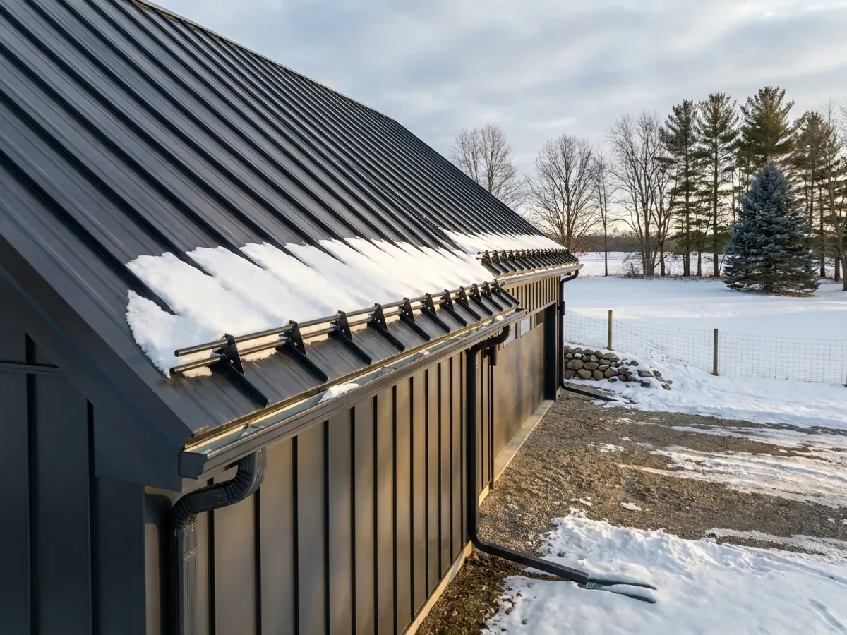 Exterior detail of a metal-clad home in winter showing a standing seam roof with snow guards, vertical wall panels and a downspout.