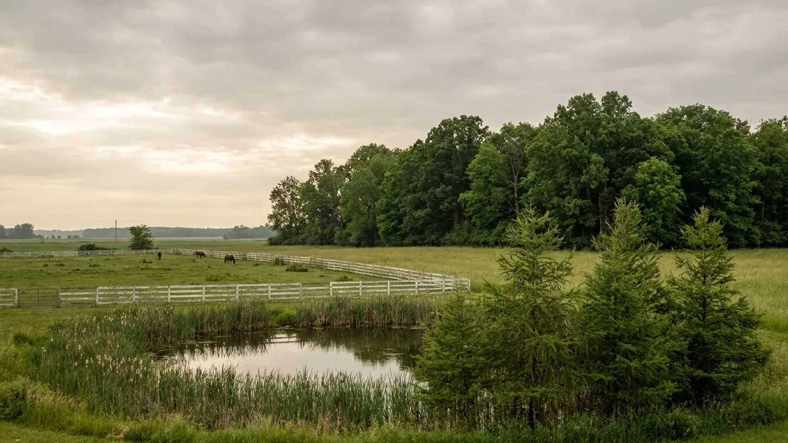 Gently rolling open land on the rural edge of metro Detroit, with a cattail-edged kettle lake, a board-fenced pasture and an oak and maple woodlot.