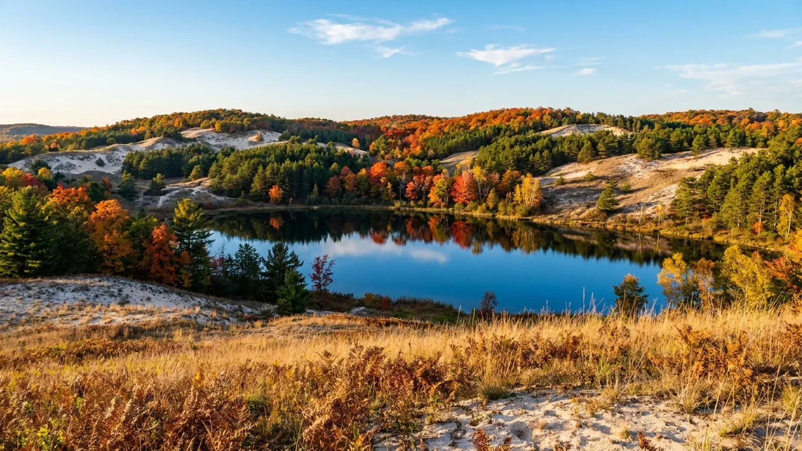 Rolling northern Michigan hills of dark pine and bright autumn maple and birch around a clear blue inland lake with a sandy shore.