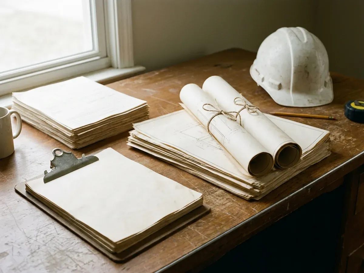 A building permit submittal package on a desk with rolled construction drawings, forms on a clipboard, and a hard hat.