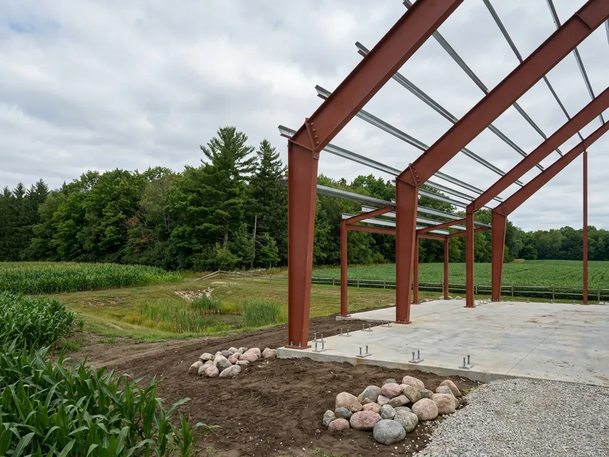 A red oxide primed structural steel frame partly erected on a concrete slab, showing bolted knee joints and anchor bolts.