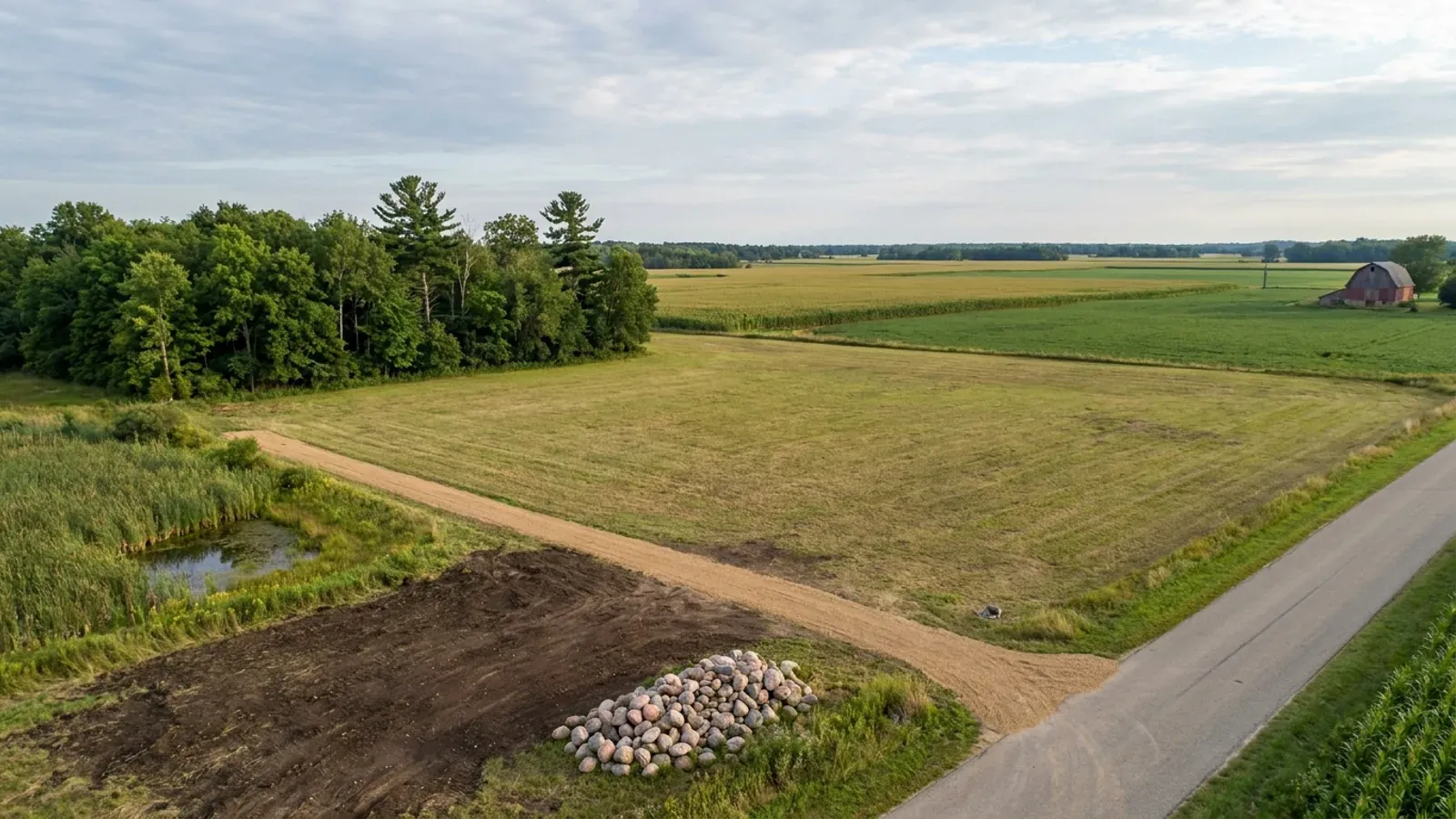 Aerial view of an undeveloped rural lot in a hay field, with a hardwood woodlot along one side, a small wetland and a gravel access drive.