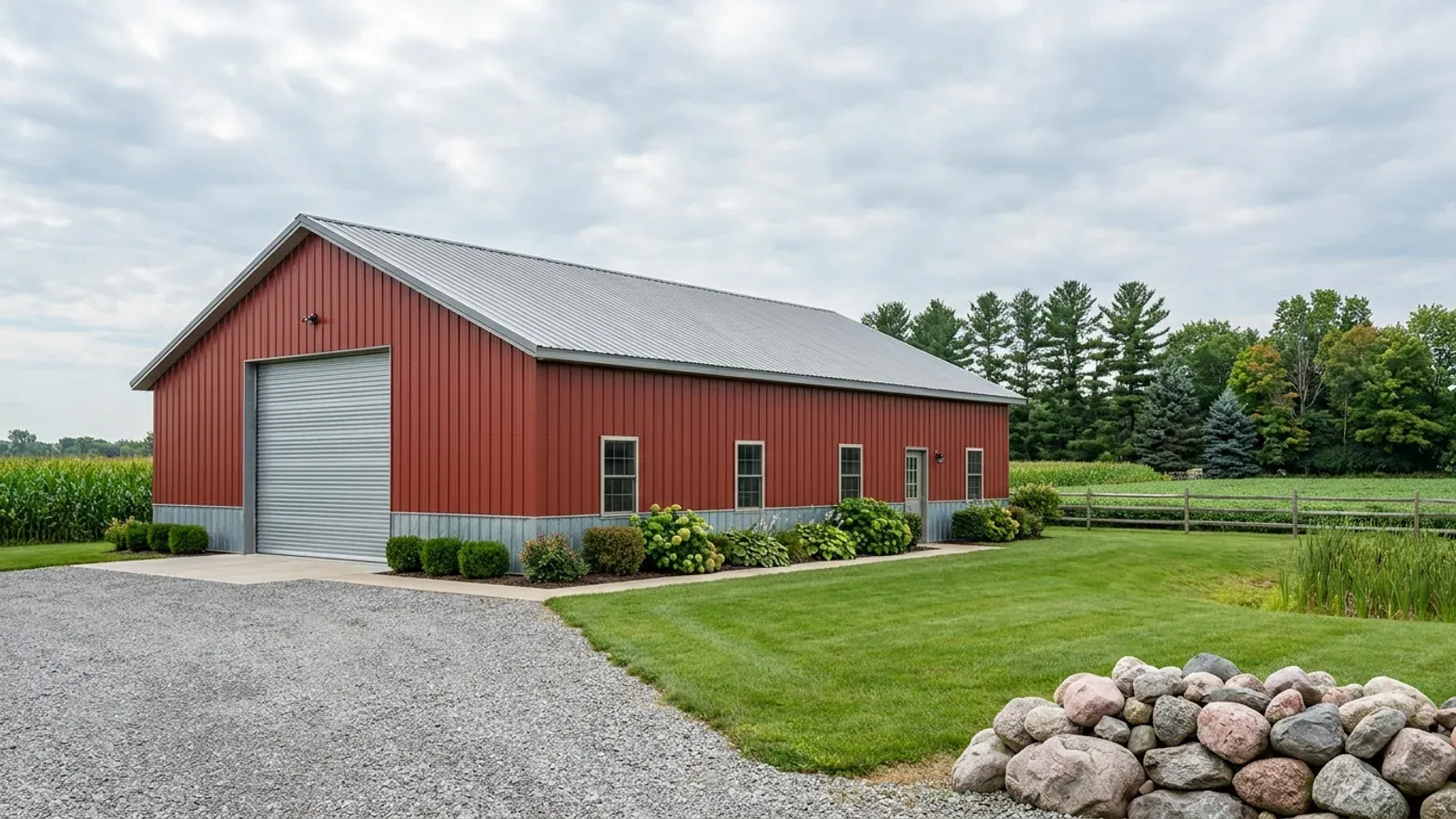 A barndominium with a tall, deep RV garage bay attached to the residence under one continuous roof.