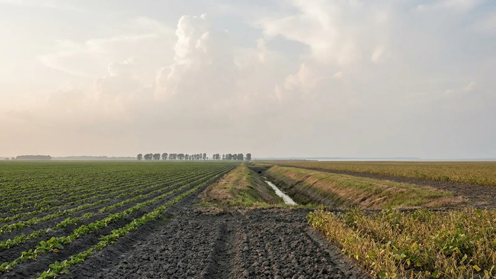Dead-flat lake plain farmland with dark soil, sugar beet rows and a straight drainage ditch, a pale line of open water on the far horizon.