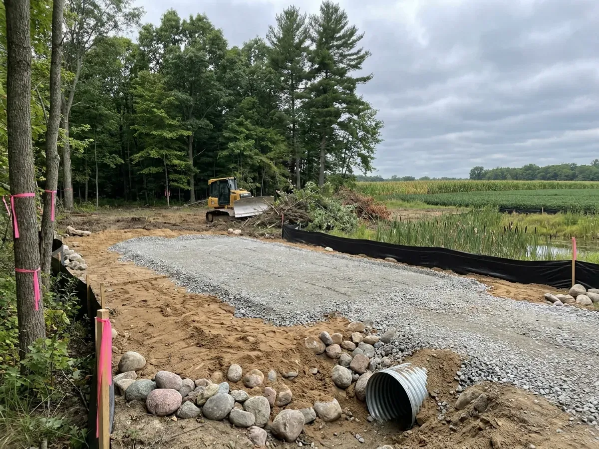 A dozer clearing brush on a rural parcel beside a compacted crushed-stone building pad, with silt fence and a culvert set at the driveway entrance.