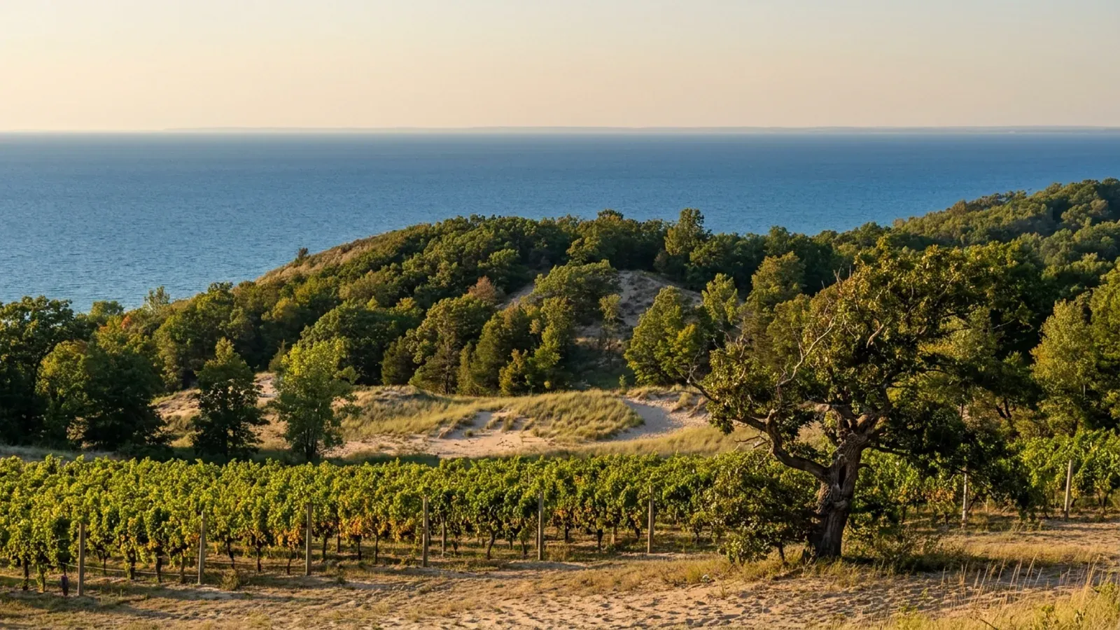 Vineyard rows on a sandy slope below a wooded dune ridge, with a vast blue freshwater lake stretching to the horizon beyond.