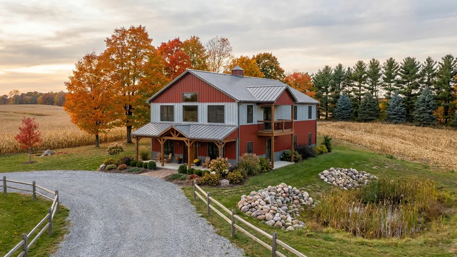 A completed two-story barndominium with second-story windows and a small covered balcony above the entry porch, among autumn maples.