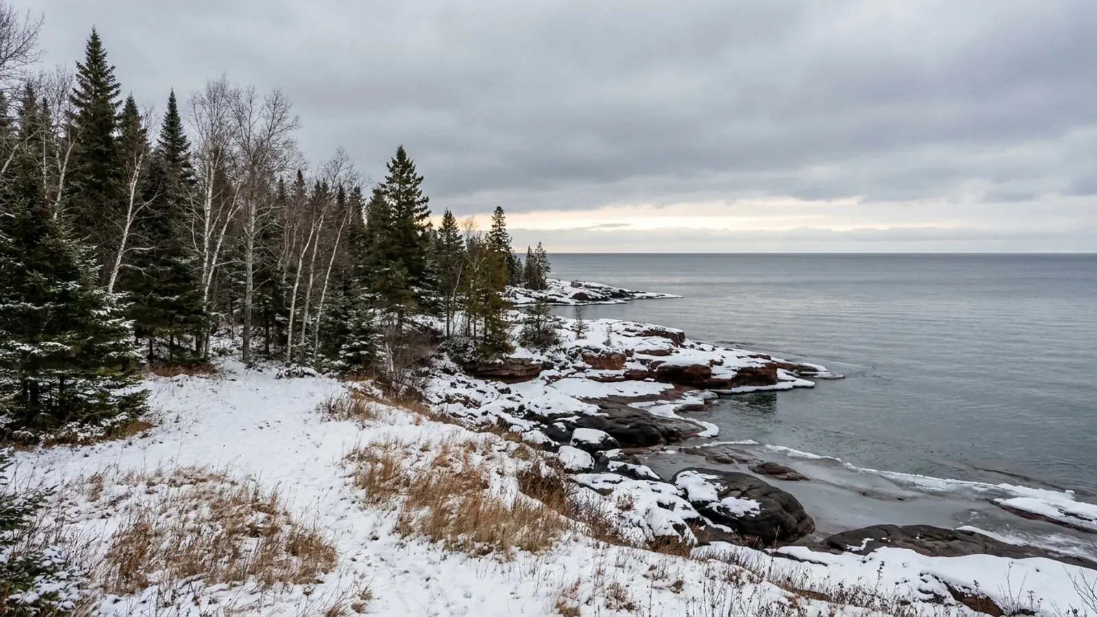 Snow-dusted spruce, pine and birch forest running down to a rocky Lake Superior shore under a grey early-winter sky.